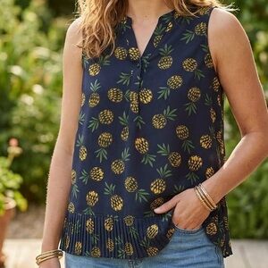 Zac & Rachel Pineapple Print Pleated Back Sleeveless Blouse Tropical Party Chic